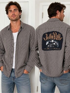 Jelly Roll upcycled handmade Gray Checkered Men's Flannel Size Large